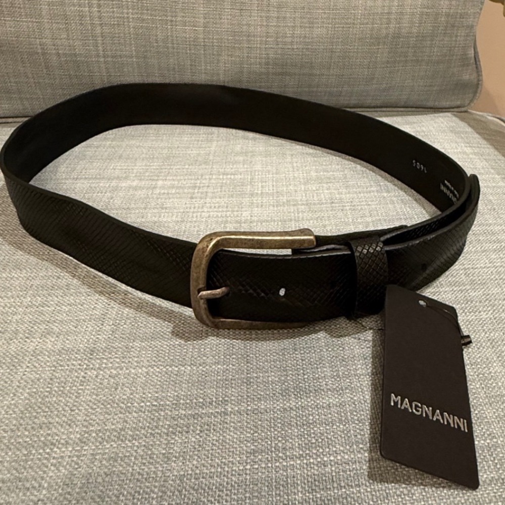 Magnanni Wayne Relax Black Leather Textured Diamond Pattern Belt 34 MSRP $134